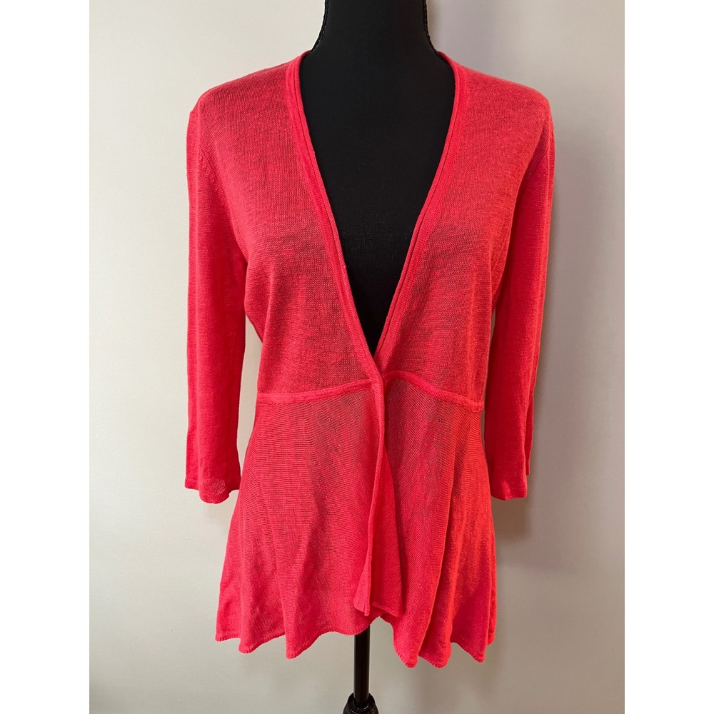Eileen Fisher‎ Coral Pink 100% Linen 3/4 Sleeve Cardigan Sweater Small Spring